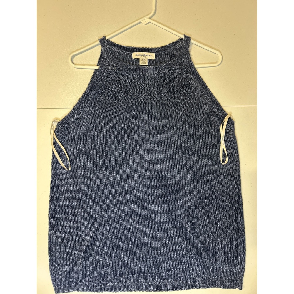 Tommy Bahama Sweater Women L Blue Linen Halter Knit Top Pointelle Sleeveless